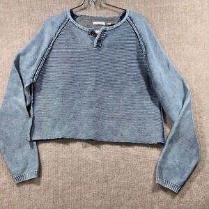 Carbon 2 Cobalt Blue Striped Henley Cropped Sweater Women L Long Sleeve Raw Hem